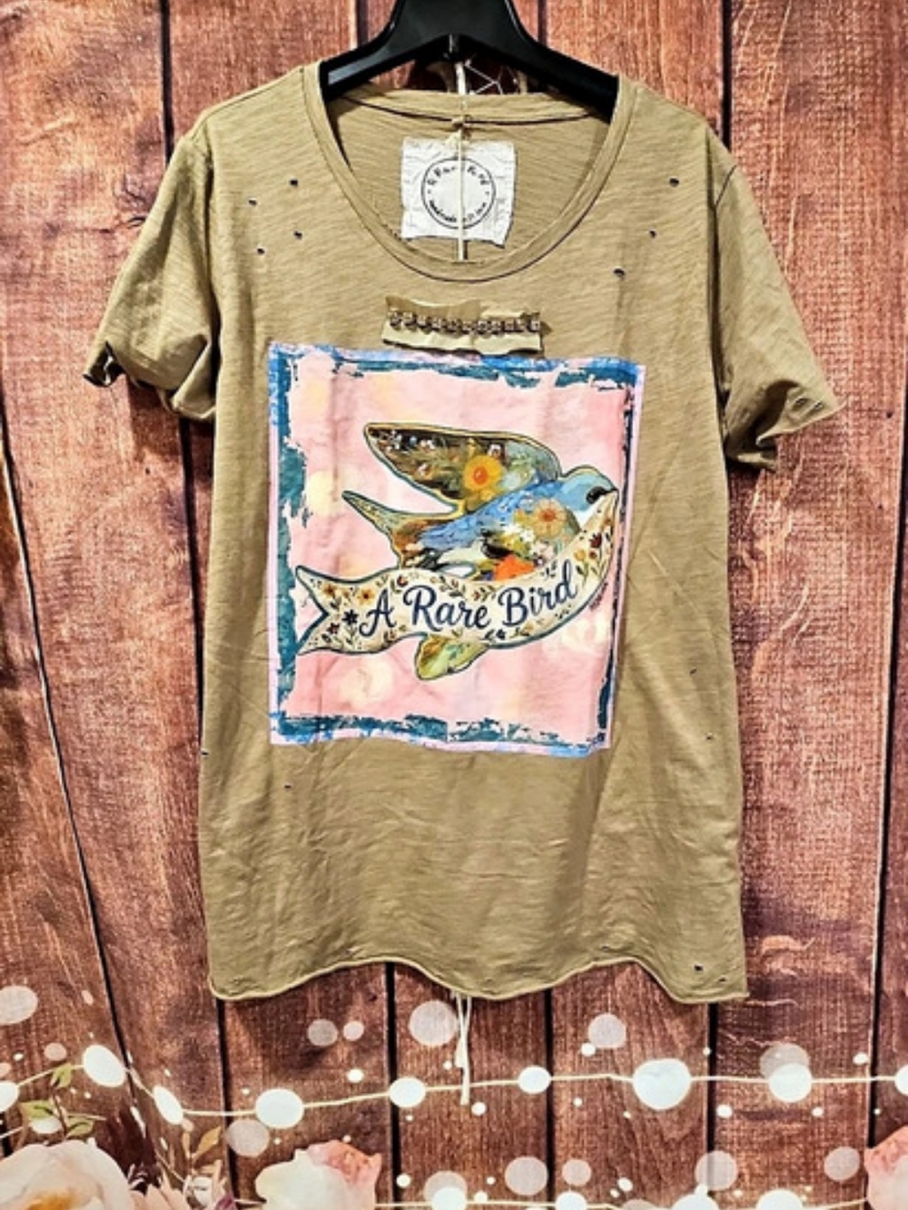 NWT Rare Bird BIRDIE RHINESTONE Graphic Tee in Green & Pink Size LG/XL